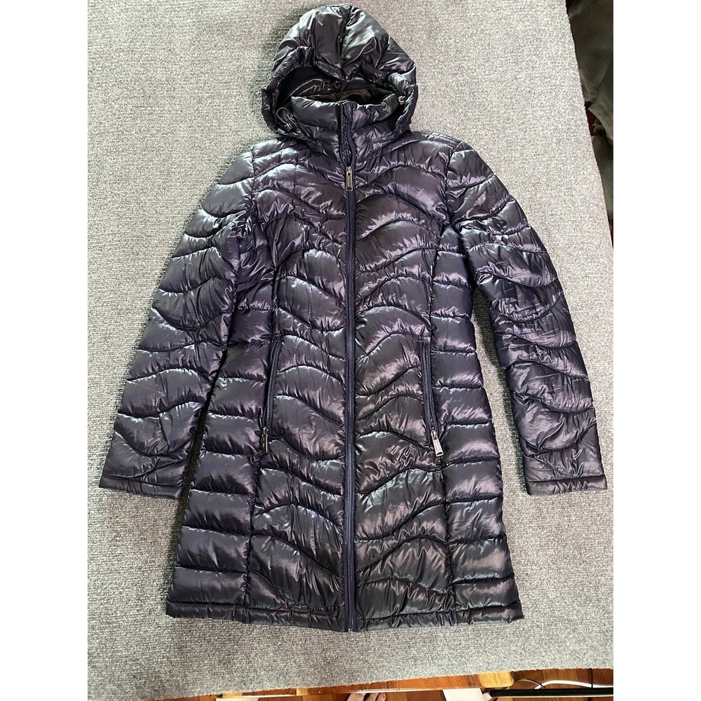Andrew Marc duck down puffer coat XS long with hood lightweight packable Blue